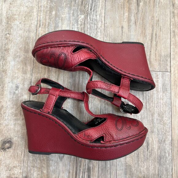 BOC Shoes Mary Jane Wedges 7 Red Leather Embossed Black Stitching Boho - Picture 1 of 12